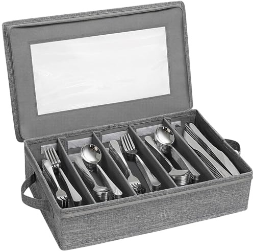 Portaposate con coperchio, contenitore per posate, scatola portaposate con 5 scomparti regolabili, per coltelli, forchette, cucchiai, cucina, ristorante e campeggio (43 x 26 x 10 cm)