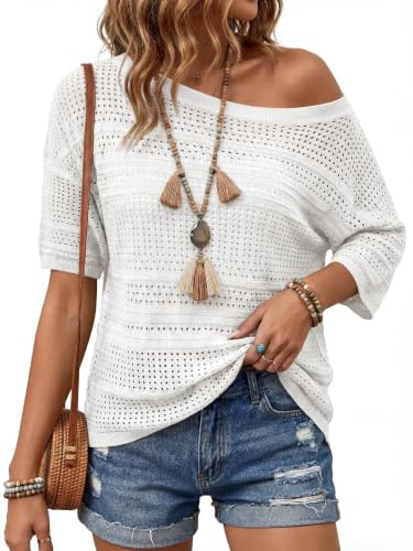 Arach&Cloz Women's Jumpers Linen Crochet Short Sleeve Tops Summer Pullover Hollow Out Casual Vacation Outfits White L