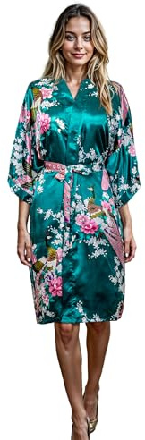 CCcollections Long Kimono Robe pour Femme, Peignoir de Luxe Léger - Élégante Robe de Nuit & Peignoir de Mariée, Cadeau Parfait pour une Douche Nuptiale & Loungewear de Luxe (Vert Foncé)