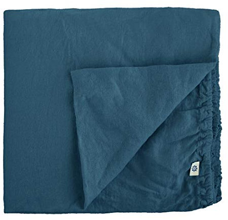 Linen & Cotton Weicher Griff Spannbettlaken Spannbetttuch Bettlaken mit Gummizug Alicia - 100% Leinen Gewaschen, Petrol Blau (140 x 200 cm) Laken Leintuch Betttuch Bettwäsche Bett Doppelbett Sommer