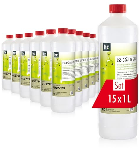 Höfer Chemie Acide Acétique 60% 15 x 1 L - Nettoyant Détartrant Puissant pour Ménage et Industrie, Fabrication Allemande de Qualité Supérieure, Biodégradable et Économique