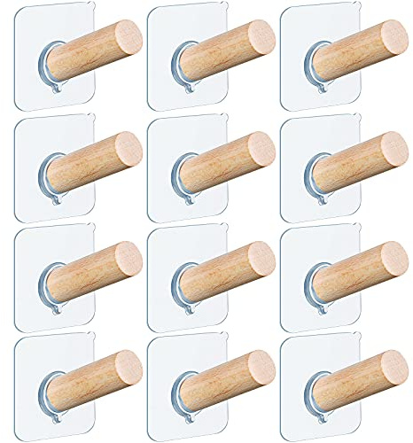 Jetec 12 Pcs Adhesive Hat Hooks for Wall Clothes Bag Hanger Coat Rack Wooden Coat Hooks Cowboy Hat Organizer Wood Pegs Self Adhesive Hanger Wall Mounted Peg for Home Closet Office