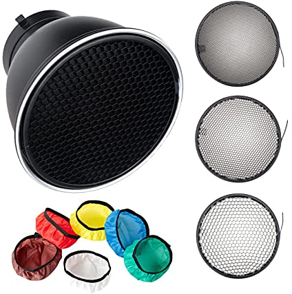 Standard Reflector Diffuser 7inch/ 18cm with 20/40/60 Degree Honeycomb Grid for Bowens Mount Studio Light Strobe Flash and LED Video Light with 6 Color Soft Light Cloth