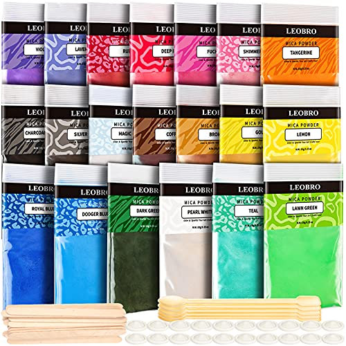 LEOBRO Epoxidharz Farbe 20 Farben, Mica Pulver 200G Metallic Pigmentmit, löffel, Rührstäbchen und Fingerschutz, Mica Powder, Epoxy Resin Farbe für Epoxidharz, Seife, Gießharz, Badebombe, DIY