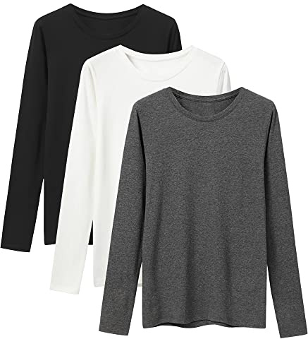 LiKing Maglietta a Maniche Lunghe Donna con Scollo Tondo Cotone Elegante Basic T-Shirt Girocollo a Maniche Lunghe Leggero Top Casual Tee Shirt 3er Pack Nero Bianco Grigio Scuro Large BWG