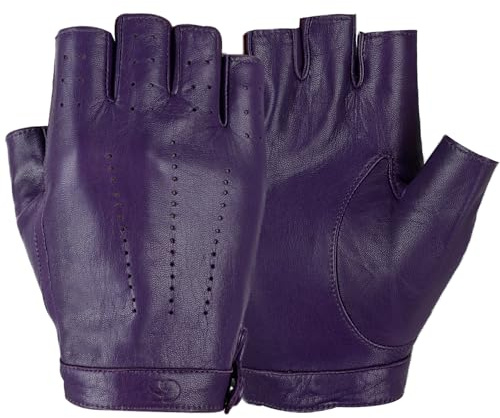 GSG SINCE 1998 Women’s Fingerless Leather Driving Gloves Sheepskin Unlined Half-Finger Gloves for Cycling, Fitness & Outdoor Use Purple Medium
