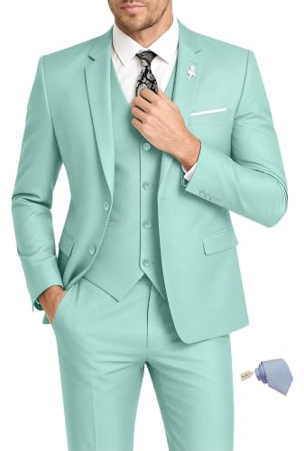 Ensemble 3 pièces pour Homme - Coupe ajustée - Costume de marié - Deux Boutons - Veste Solide - Gilet et Pantalon avec Cravate, Vert Menthe, Taille L
