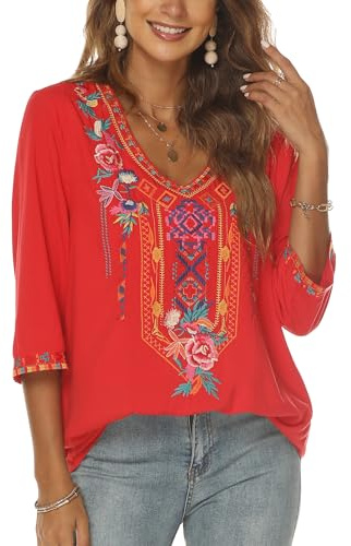 Higustar Mexican Style Embroidered Tops Boho Peasant Blouses Traditional Bohemian Tunic Shirts Hippie Clothes for Women Red
