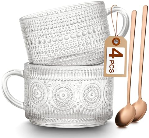 Mfacoy Vintage Coffee Mugs Set of 2, 14 oz Embossed Glass Cups with Handle, Clear Cups for Cappuccino, Latte, Cereal, Yogurt, Milk, Hot or Cold Beverages