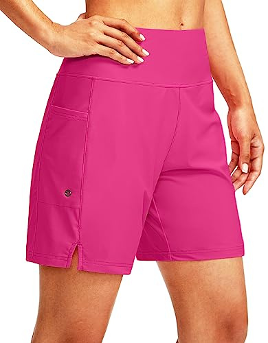 G Gradual Women's 7 Long Swim Board Shorts High Waisted Quick Dry Beach Swimming Shorts for Women with Liner Pockets(Rosy,M)
