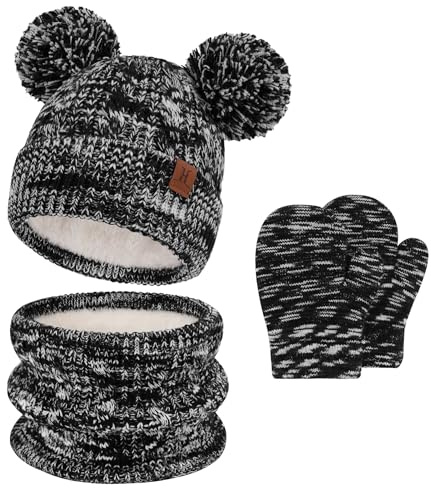 Bequemer Laden Bebe Niños invierno Gorro Termicos Pompon Bufanda Guantes Conjunto Manoplas con Forro Polar para 0-4 Años Regalo para Niñas Niños