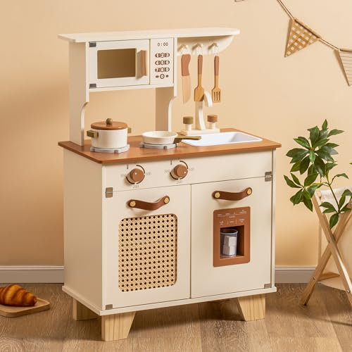 ROBUD Spielküche Holz für Kinder, Kinderküche Holz Küchen Spielset mit Interaktivem Zubehör & Eiswürfelspender Spielzeug für Kinder, Geschenk für Mädchen Jungen ab 3 Jahren (Mokka)