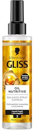 Schwarzkopf Gliss Oil Nutritive Balsamo Spray Express Nutriente 200ml, Leave in conditioner spray con Omega 9 e Olio di Marula, Balsamo senza risciacquo e termoprotettore per capelli danneggiati