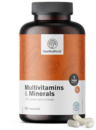 HealthyWorld Multivitamine & Mineralstoffe - 25 Vitamine & Mineralstoffe - 365 Kapseln - Jahresvorrat - Pflanzenkapseln - Immunsystem - mehr Energie- wertvolle Vitamine A-Z - Für Männer & Frauen