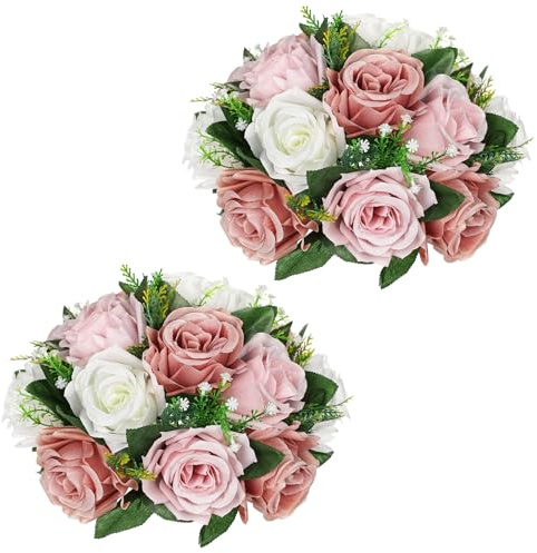 Uppsättning av 2 konstgjorda blommor, rosor, blomkula med 15 huvudrosor, konstgjorda sidenblommor, bukett, rosbukett, för bröllop, hem, bordsfest, fönsterdekoration, bröllopsmedelstycken, vit persika