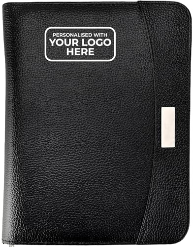 Arpan Personalised Custom Logo Black Faux Leather A5 Size Zipped Conference Folder with A5 Lined Writing Pad, Calculator, Pen Holder, Card Pockets- Perfect for Meetings, Conferences (CL-9584-Logo)