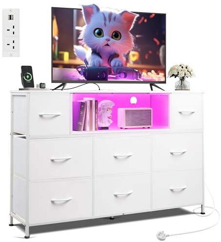 WLIVE Chest of Drawers, 8 Fabric Drawers Cabinet with Easy Pull Handle, Wood Top and Sturdy Steel Frame for Bedroom, Living Room (White)