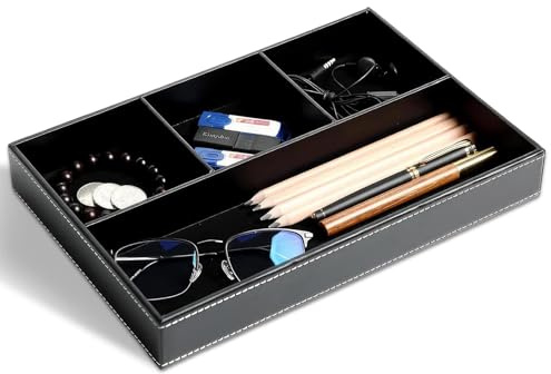 Svuotatasche in Pelle, Organizer da Scrivania in pelle, Organizer per Cassetti Scrivania da Ufficio Vassoio Portaoggetti PU Tray con 4 Scomparti, per Chiavi, Cancelleria, Gioielli, Colore Nero