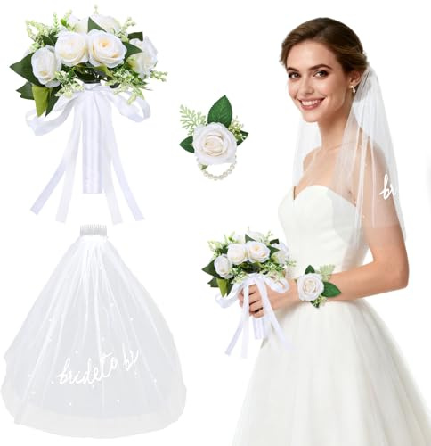 Jbnausoy Wedding Bouquets for Bride Bridesmaid with Bride to Be Veil and Wrist Corsage, White Artificial Roses Flowers Bridal Accessories for Wedding Marriage Proposal Church Decoration (8.6in)