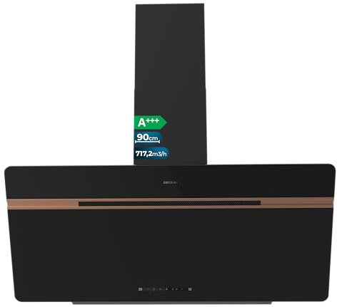 Cecotec Campana Extractora Decorativa 90 cm Bolero Flux DT 907500 Matt Black A+++. Cristal Mate y Brillante con Detalles en Cobre, Succión 717,2 m³/h, Función Booster, Filtros de Aluminio, Clase A+++