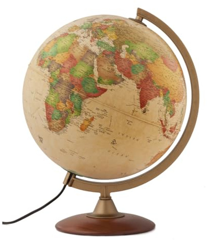 Journey 12 Diameter Antique Style Globe & Wood Stand - 1,000's of UP-TO-DATE Named Places & Points of Interest - Numbered Meridian - Illumination for Enhanced Viewing - Perfect for Desk or Tabletop