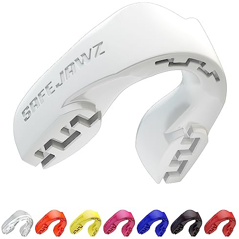 SAFEJAWZ Mouth Guard, Slim Fit Mouthguard for Youth with Case, Easy Fit Remoldable Mouthpiece for Football, Boxing, Lacrosse, MMA, Basketball & All Contact Sports (Kids <11 Years, White)