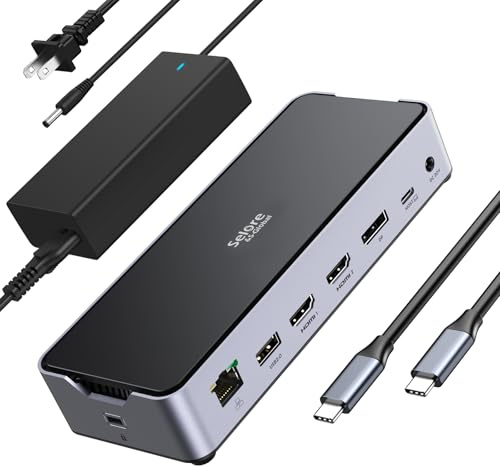 USB C Docking Station 3 Monitors Laptop Dock Dual Monitor with 2 HDMI DisplayPort 4K@144Hz,USB A 2.0/3.0,USB C 3.1 10Gbps&30W Output,Ethernet,microSD&SD,Audio&Mic,150W DC Power for Dell/Lenovo/HP