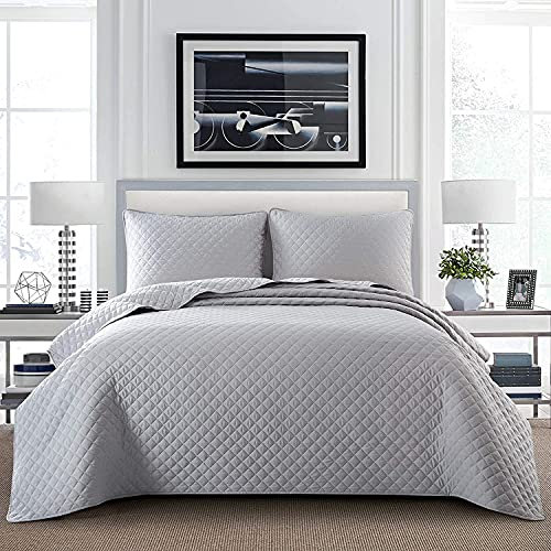 puredown® 3er Tagesdecke Set, Grau Tagesdecke und Zwei Kissen Bezug Schlafzimmer- Bettüberwurf für Bett, genäht Wohndecke mit Punktstickerei, Komfort und Weich 220 * 240cm /50 * 75cm*2