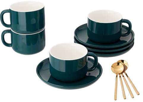 CHILDIKE Porcelain Coffee Cups and Saucers Set of 4 with Gold Spoon 220 ml/8oz, Ceramic Green Cappuccino Cups for Tea, Espresso