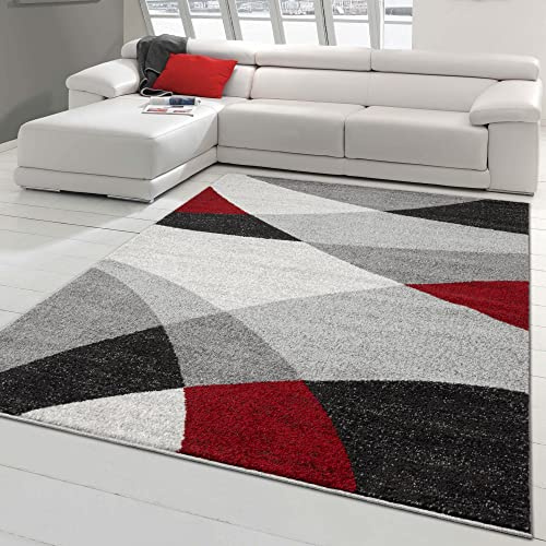 Teppich-Traum Modern sovrumsmatta med kort lugg med abstrakt mönster, grå röd, storlek 120 x 160 cm
