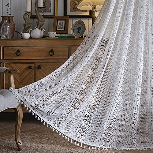 Sutuo Home Boho Sheer Curtain 108 Inches Long, Crochet Lace with Bohemian Hollow Knitted Handmade Tassels,Vintage Farmhouse Window Treatment for Bedroom, Rod Pocket, 1 Panel 59 W x 108 L, White