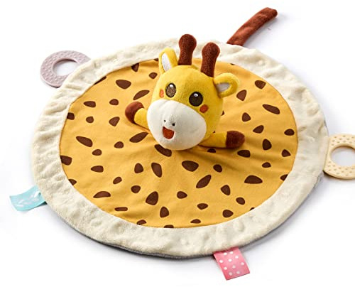 TUMAMA Baby Security Blanket Lovey,Soft Fleece Velvet Minky Dot Blanket with Stuffed Animal&Teething Rings,Newborn Essentials for Babies Girls Boy,Giraffe
