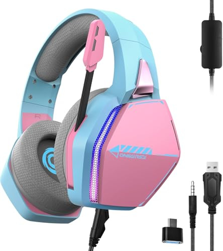 Oniverse spelheadset för PS5 PS4 Switch Xbox PC Mac med justerbar mikrofon, LED, 50 mm högtalare, ventilerande tygkuddar - stereo gaming headset Nebula (DIva Pink/Rosa)
