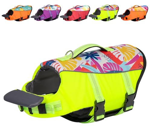 cyeollo Dog Life Jacket Reflective Printed Dog Life Vest for Swimming Boating, High Buoyancy Pet Safety Vest Lightweight Small Medium Large Dog Lifejackets with Front Float, Fluorescent Yellow S