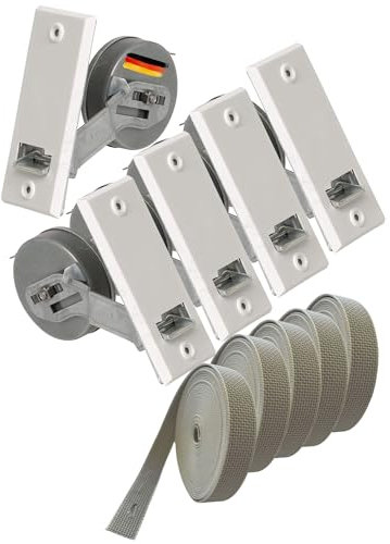 Rollwin 5x Rolladen Gurtwickler Unterputz 105mm Lochabstand - mit 7m Gurt 23mm Rolladengurt - aus Deutschland - mit Gurtwickler Abdeckung Weiß Rollo Wickler mit Abdeckblende Rollladen Aufwickler