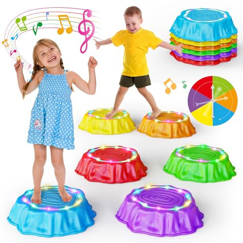 Jofuni Light Up Musical Stepping Stones for Kids - LED Non-Slip Balance Stones Outdoor & Indoor Sensory Toys for Toddlers Ages 3-5 Stackable Step Stone Garden & Playground Activity 6 Pcs Balance Beams