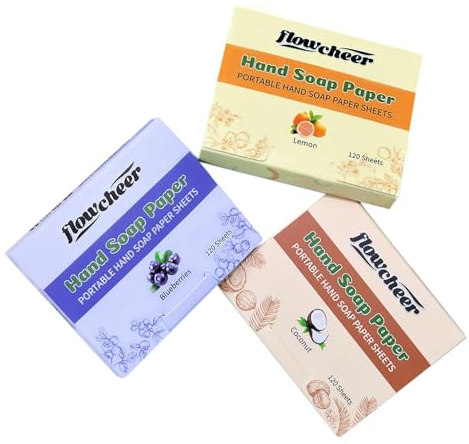 flowcheer Paper Soap Sheets (360 Pcs) - Lemon, Coconut, Blueberry Scents, Portable Travel Soap Sheets, Eco Dissolvable for Camping, Travel, Hiking, Outdoor & On-the-Go Hand Washing