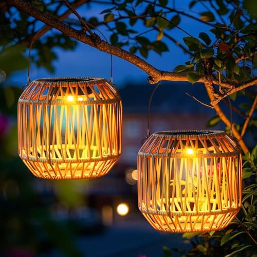 Solarlaterne für Außen, Metall Solar Rattan Laterne, Solarlampen für Außen Garten, Wasserdicht Solarleuchten, Hängend Solar Gartenleuchten für Draußen, Balkon, Terrassen, Outdoor, Gartendeko (2 Stück)