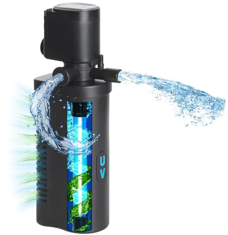 Tararium 600L/h 4-in-1 Submersible Aquarium Filter with U-V Light – Water Clarifier for 40-150 litres Fish Tanks – Betta, Turtle, Freshwater & Saltwater – Green Water Solution & Circulation Pump