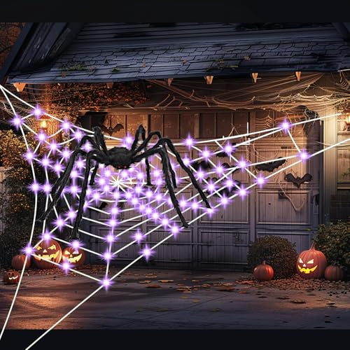 5Ft Giant Spider 17 * 17 * 17 FT White Light Up Triangle Lifelike Spiderweb Gaint Large Plush Halloween Spider Web for Indoor and Outdoor Decor Decoration Outside Yard Garden Lawn Party
