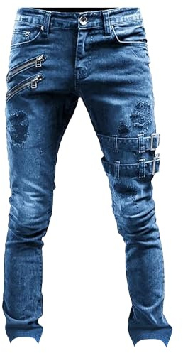 Pantalones Vaqueros para Hombre, Corte Ajustado, Estilo Roto, con Detalles de Cremallera Estilo Motero y un Toque Urbano.