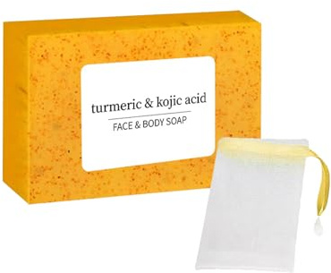 Savon artisanal au curcuma et à l'acide kojique – Nettoyage en profondeur et en douceur du visage et du corps, parfum citron, avec filet moussant pour une peau lisse et un teint uniforme. (1)