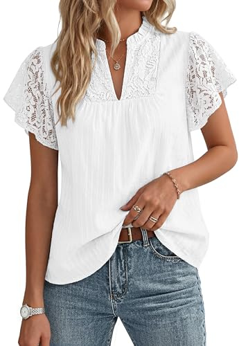 GRACE KARIN Womens Lace Short Sleeve Tops Summer Dressy Casual Cotton Blouses Flowy V Neck Dress Shirts Trendy Clothing 2026, White, Medium