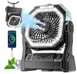 Kssvzz Ventilatore da Campeggio con Nebulizzatore e Timer, 20000 mAh Ventilatore Ricaricabile con 4 Velocità, USB Ventilatore da Tavolo con Luce LED, Alimentato a Batteria per Viaggi,Picnic,Pesca,Nero