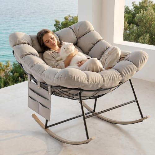 Mecedora Extra Ancho Sillón Mecedora Relax con Bolsillo Lateral, Silla Mecedoras Balanceo Suave con Cojín Grueso para Salón Dormitorio Terraza Jardín, Carga 150 kg, Butaca Cómoda - Albaricoque