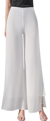 Générique 2026 Pantalon léger en Mousseline de Soie pour Femmes, Haute élastique, Jambe Droite évasée, Culotte de Cocktail de Mariage (White, M)