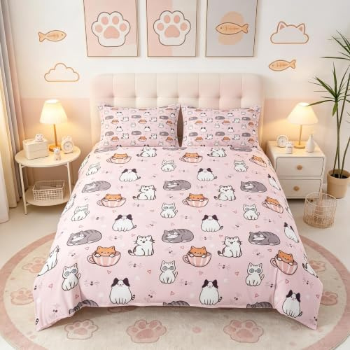 Loussiesd Cute Cat Duvet Cover Double Size Boys Girls Cartoon Animal Bedding Set Breathable Soft Cute Kitty Bedspread 3Pcs Kawaii Bedroom Decor Microfiber Zipper Closure