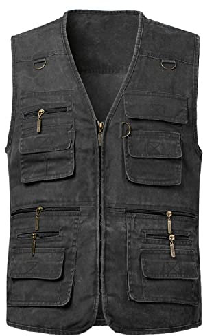 KTWOLEN Herren Outdoor Weste mit Multi-Taschened Anglerweste Jagd- und Angler Camping Wandern Weste Freizeit Ärmellos Jacke, Schwarz, XL