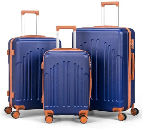LEADZM Juego de Maletas de 3 Piezas (Azul Marino-Marrón) | Maletas de Viaje Grandes 23 Kilos, Maleta Cabina, Mediana, Maleta de Viaje