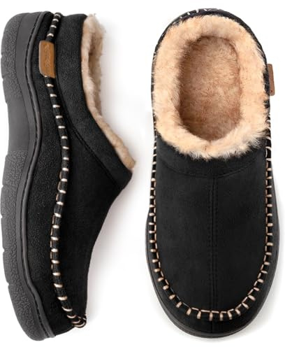 Zigzagger Men's Slip On Moccasin Slippers, Indoor/Outdoor Warm Fuzzy Comfy House Shoes, Fluffy Wide Loafer Slippers,Black, 9-10 D(M) US